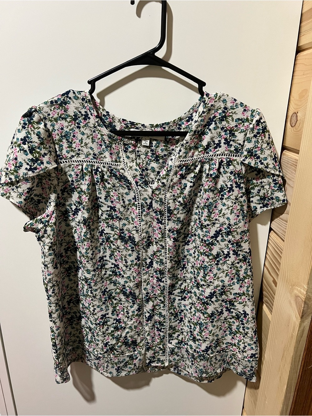 Floral Short-Sleeve Peasant Top - White with Pink & Green